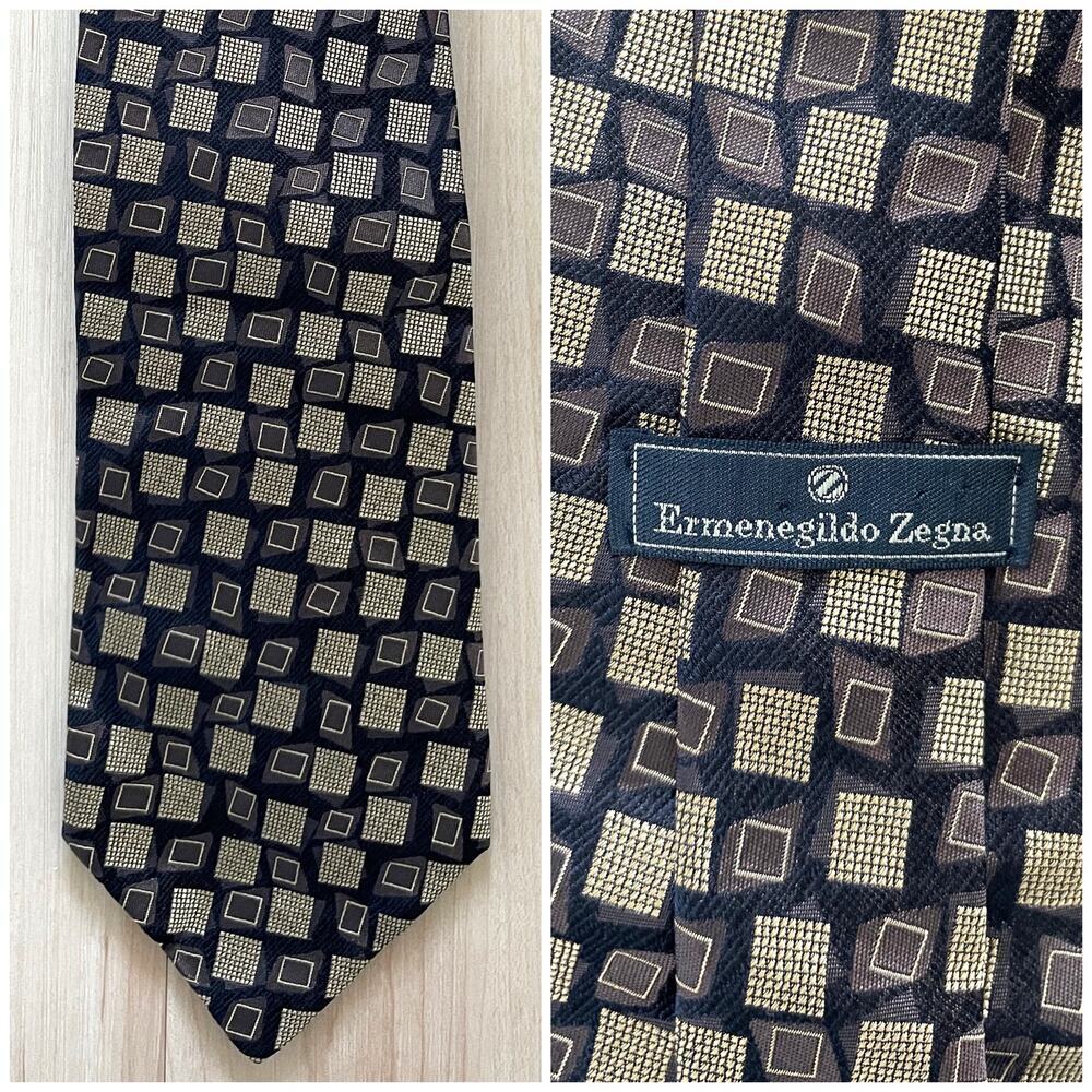 Ermenegildo Zegna Men’s Brown x Black Geometric Print Silk Tie Italy 4"